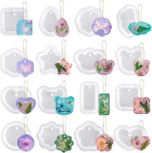 RESINWORLD 16pcs Variety Geometric Pendant Silicone Molds with Hanging Hole, Jewelry UV Resin Mold, Necklace Keychain Molds for Epoxy Resin