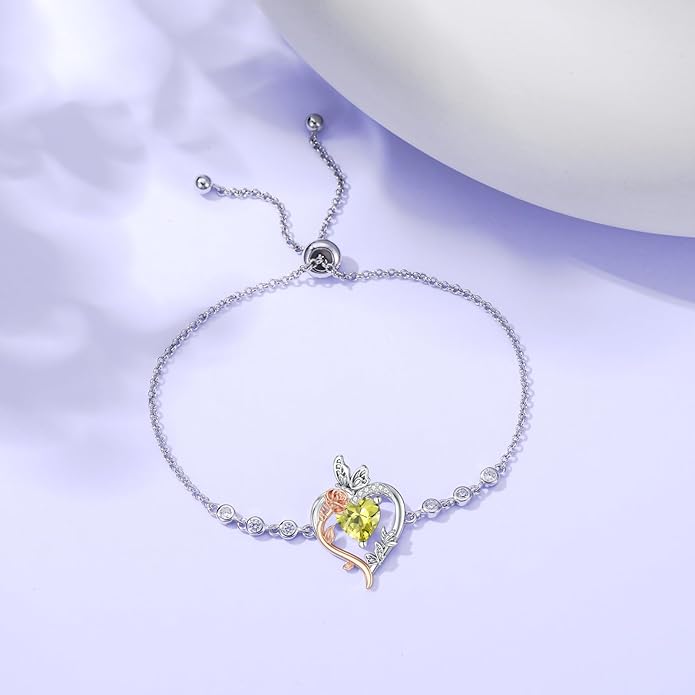 TOUPOP Rose Heart Birthstone Bracelet 925 Sterling Silver Butterfly Heart Bracelet Love Jewelry for Women Anniversary Valentines Day Birthday Gifts for Her Wife Mom