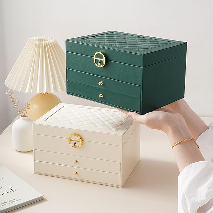 GUOER Jewelry Box for Women Girl Wife 3 Layers Large PU Leather Jewelry Organizer Storage Case with Two drawers Display for Earrings Bracelets Rings Watches (Apricot)