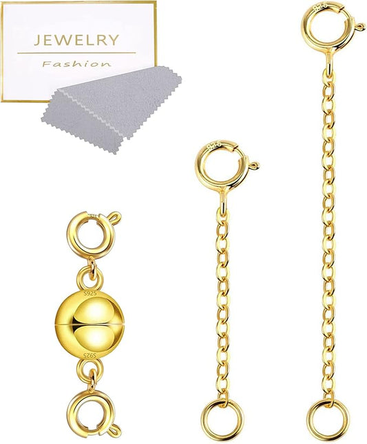 Gold Magnetic Necklaces Extender, 14k Gold Magnetic Necklace Clasps and Closures, 925 Sterling Silver Double Clasps Large Necklace Bracelet Connector Extenders Extension Chains for Jewelry Making