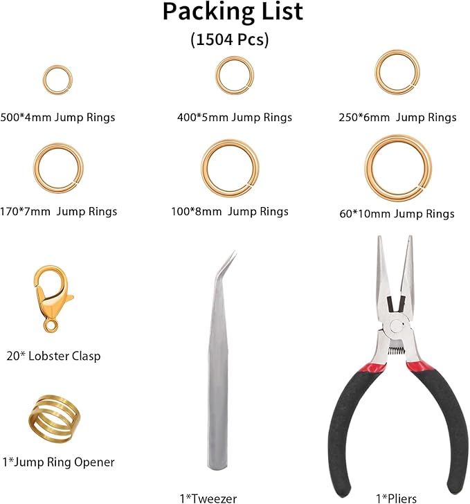 EuTengHao 1504Pcs Open Jump Ring and Lobster Clasps Kit Jewelry Making Repair Kit with Jewelry Pliers Tweezers (KC Gold)