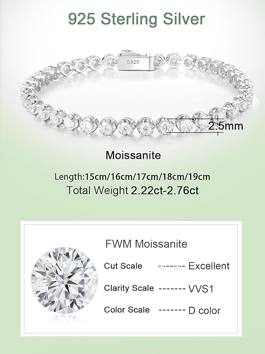 D Color VVS1 Clarity Moissanite and Genuine Sapphire/Emerald/Ruby Tennis Bracelets for Women 2.22ct-10.45ct, Solid 925 Sterling Silver, Anniversary Wedding Valentines Jewelry for Her, Length 5.9-7.5 Inch(15-19cm)