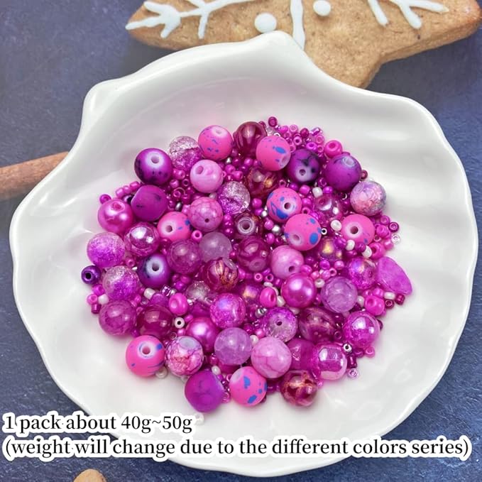 Assorted Glass Resin Beads Multi Size Colors Smooth Cracked Gravel Millet Spacer Beads for Bracelets Necklace Earring DIY Jewelry Making Craft(Rose Red Series)