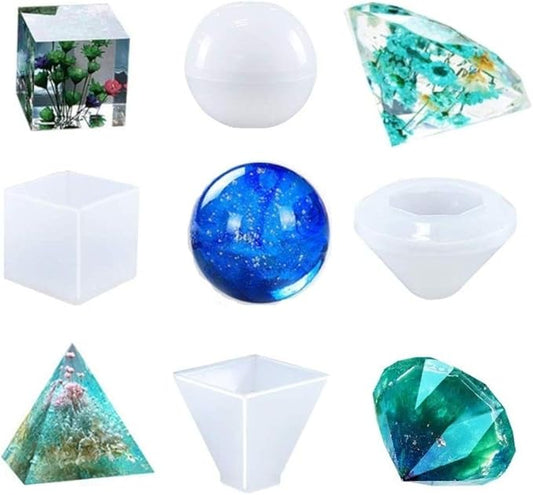 4 Pcs Transparent Silicone Resin Casting Molds, Large Clear Epoxy Resin Mold Sphere,Cube,Triangular,Diamond Molds for Resin Casting DIY Craft Home Decoration