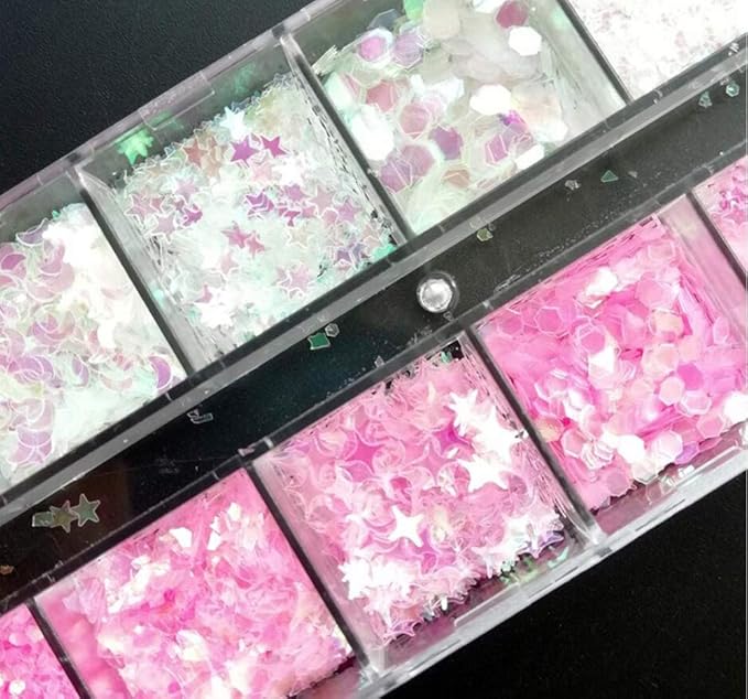 AddFavor 4 Boxes Holographic Nail Sequins Mixed Shapes Iridescent Glitter Flakes Hearts Star Moon DIY Design Manicure Nail Art Decorations Sets for Nail Art/Craft/Makeup