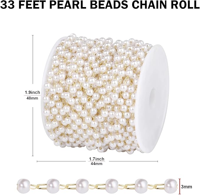 [33 FT] Gold Plated Pearl Beads Chain Bulk for Jewelry Making, 3mm Pearls Beaded Brass Oval Link Chains Roll Spool for DIY Craft Jewelry Making
