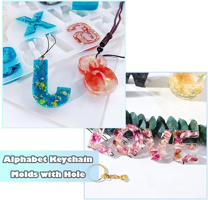 Alphabet Keychain Molds with Hole Silicone Resin Letter Number Molds Reusable Alphabet Resin Mold for Making Keychain Bag Charms Jewelry Pendant