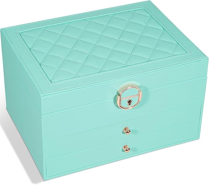 GUOER Jewelry Box for Women Girl Wife 3 Layers Large PU Leather Jewelry Organizer Storage Case with Two drawers Display for Earrings Bracelets Rings Watches (Teal)