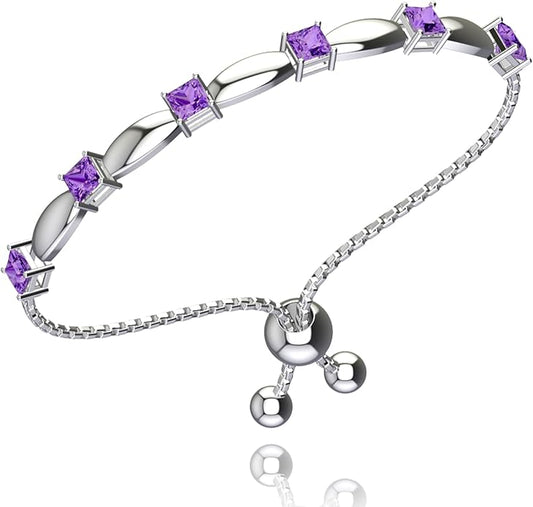 Fine Bracelet Tennis Style Pull String Birthstone Jewelry Gift for Women 925 Sterling Silver Square Sparkling Bolo Gemstone Jewelry Adjustable Bracelets