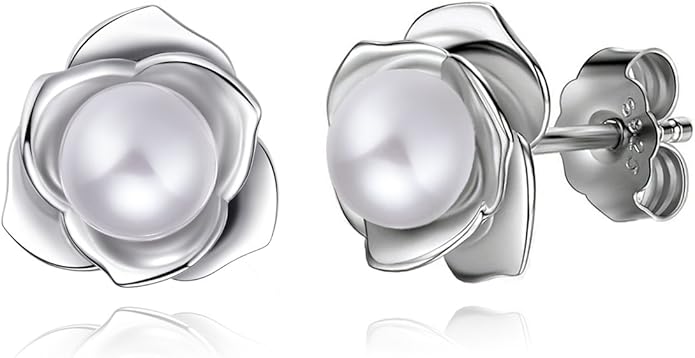 "Lovely Rose" High Polished 925 Sterling Silver Earrings with 7mm Natural Freshwater Pearl