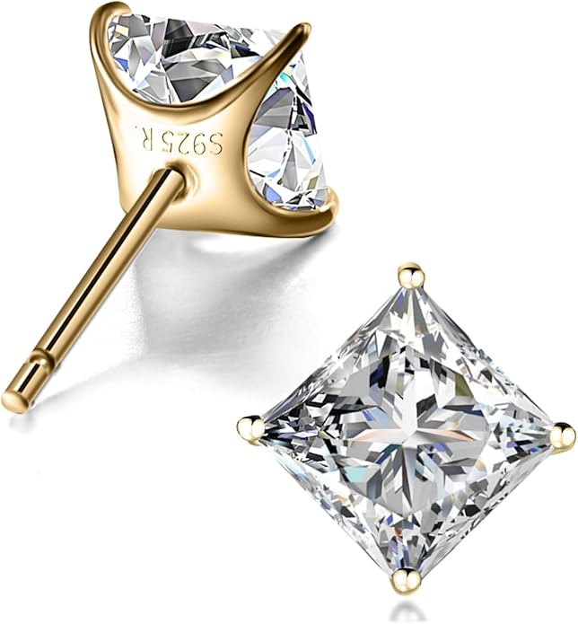 ”STUNNING FLAME“ 18K Gold Plated Sterling Silver Princess Cut Cubic Zirconia Stud Earrings for men women