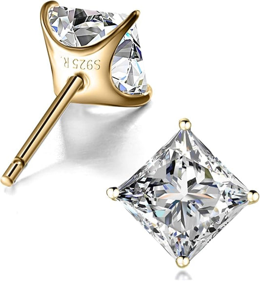 ”STUNNING FLAME“ 18K Gold Plated Sterling Silver Princess Cut Cubic Zirconia Stud Earrings for men women