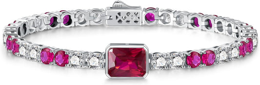 Birthstone Bracelets for Women Birthday Gifts 4CT Radiant Cut Birthstone 4mm Sterling Silver White Gold Tennis Bracelets for Women Round Cut 5A Cubic Zirconia Bezel Setting 7 Inch