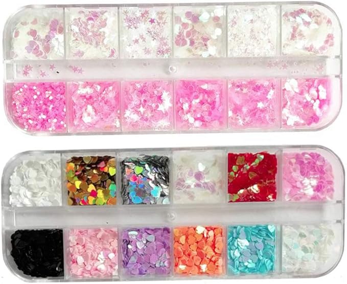 AddFavor 4 Boxes Holographic Nail Sequins Mixed Shapes Iridescent Glitter Flakes Hearts Star Moon DIY Design Manicure Nail Art Decorations Sets for Nail Art/Craft/Makeup