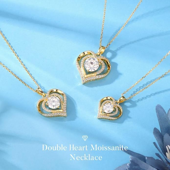 MOOSEA Valentines Day Gifts for Her - 925 Sterling Silver Double Heart Moissanite Necklace, 1-3 Carat Lab Created Moissanite Anniversary Birthday Gift for Women Wife Girlfriend Mom