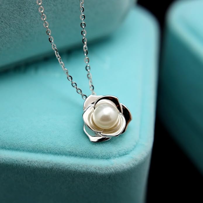 "Lovely Rose" High Polished 925 Sterling Silver Earrings with 7mm Natural Freshwater Pearl