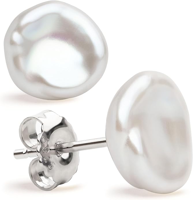 Woman Pearl Earrings Freshwater Cultured Keshi Pearls in White and Gray by SECRET & YOU | Sterling Silver 925 | Available in 10 sizes from 7-8 mm to 15-16 mm