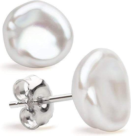 Woman Pearl Earrings Freshwater Cultured Keshi Pearls in White and Gray by SECRET & YOU | Sterling Silver 925 | Available in 10 sizes from 7-8 mm to 15-16 mm