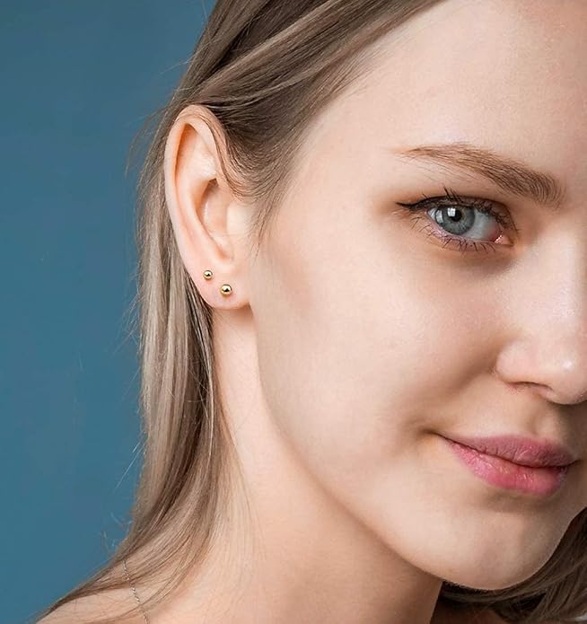 JINERA 5 Pairs Stud Earrings for Women 14K Plated Gold/Silver Pearl Ball Small Stud Earrings Set Cartilage Piercing Hypoallergenic Lightweight Flatback Earrings Jewelry Gifts for Women