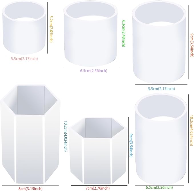 EuTengHao Cylinder & Hexagon Candle Silicone Resin Mold for Scented Candle, Soap - Reusable, Fashionable & Easy Release for DIY Crafts, Home Decoration, Holiday Gifts (6 Packs)