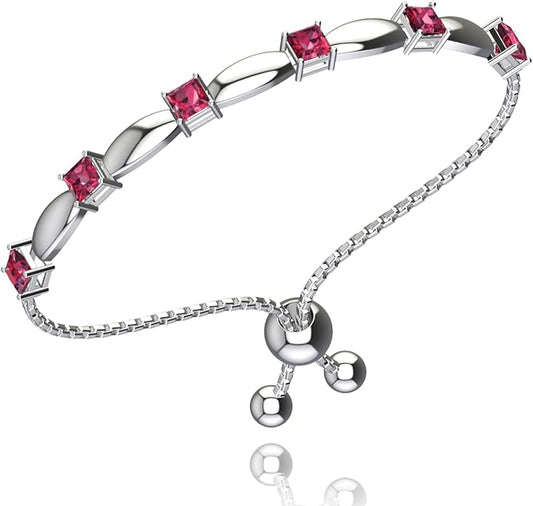 Fine Bracelet Tennis Style Pull String Birthstone Jewelry Gift for Women 925 Sterling Silver Square Sparkling Bolo Gemstone Jewelry Adjustable Bracelets