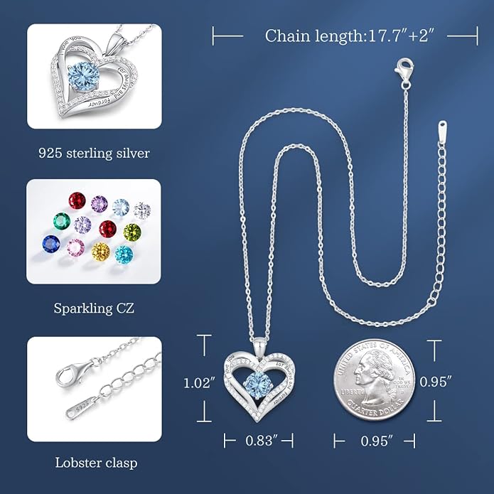 CDE Valentine's Day Gift Forever Love Heart Necklaces for Women, Wedding Anniversary, Birthday Mothers Christmas Day Gifts for Mom, Mother, Wife, S925 Silver Jewelry with Birthstone Pendant