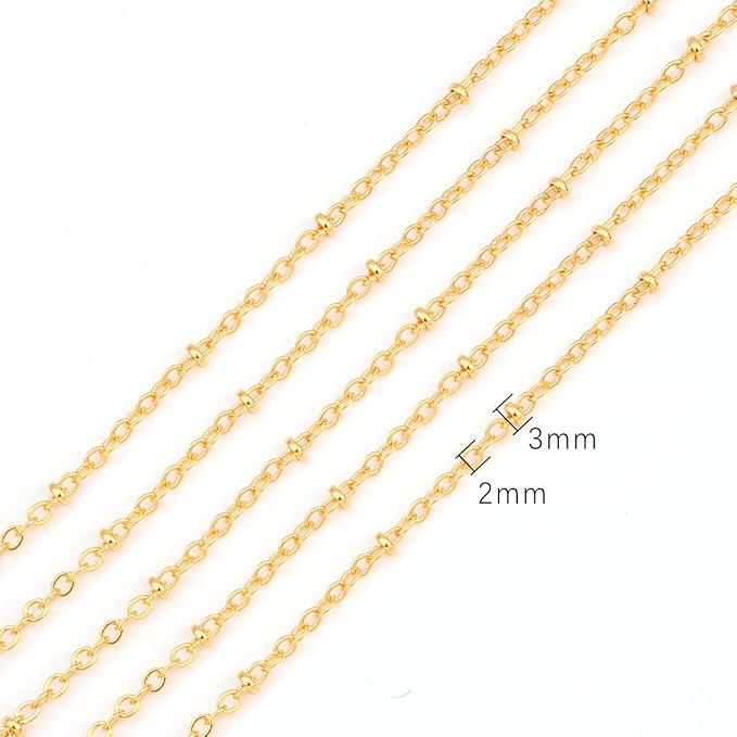 BEADIA 18K Gold Plated O Chains 2.0mm with 3mm Beads 2 Meters for Jewelry Making Findings