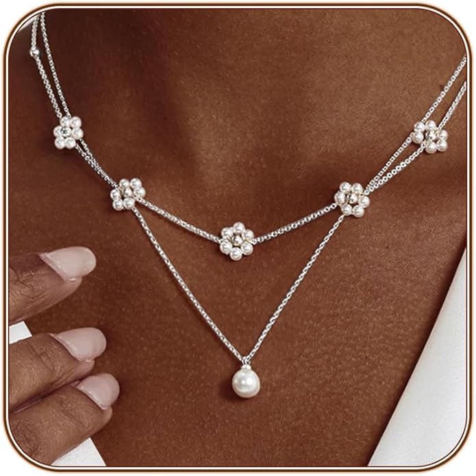 Pearl Necklaces for Women 14K Gold Plated Dainty Layered Single Pearl Necklace Simple Daisy Pearls Choker Cute Gold Necklace Stack Jewelry Sets for Women Trendy Gifts
