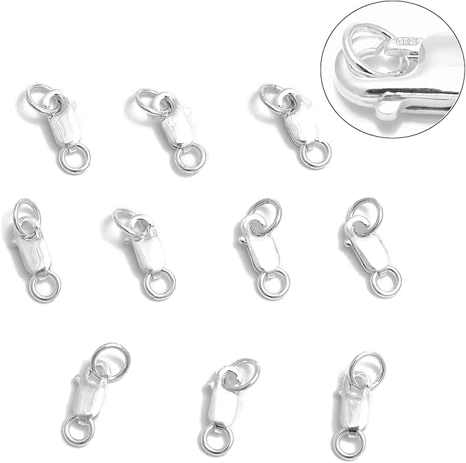 10 Sets fine 925 Sterling Silver Safty Lobster Claws Rectangle Clasps with conned Jump Rings Connect Necklace or Bracelet (Rectangle 8mm (Tiny))