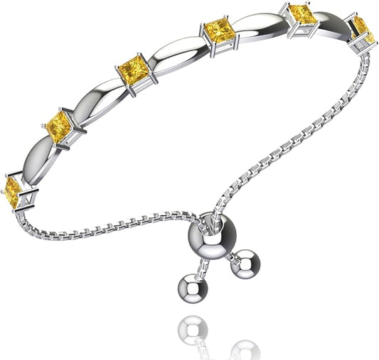 Fine Bracelet Tennis Style Pull String Birthstone Jewelry Gift for Women 925 Sterling Silver Square Sparkling Bolo Gemstone Jewelry Adjustable Bracelets