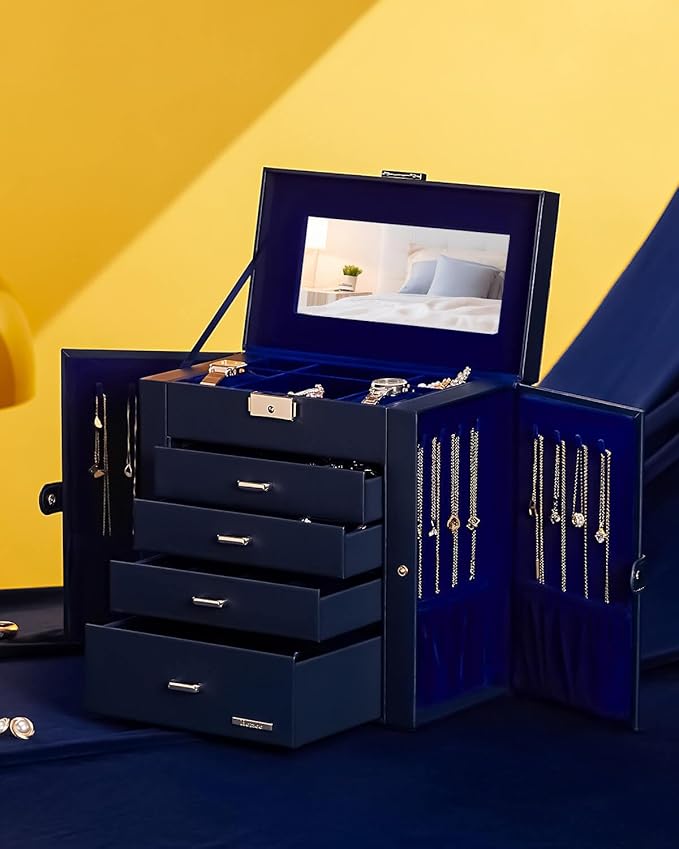 Homde Valentine's Day Gifts Synthetic Leather Huge Jewelry Box Mirrored Watch Organizer Necklace Ring Earring Storage Lockable Gift Case (Dark Blue + Gold)