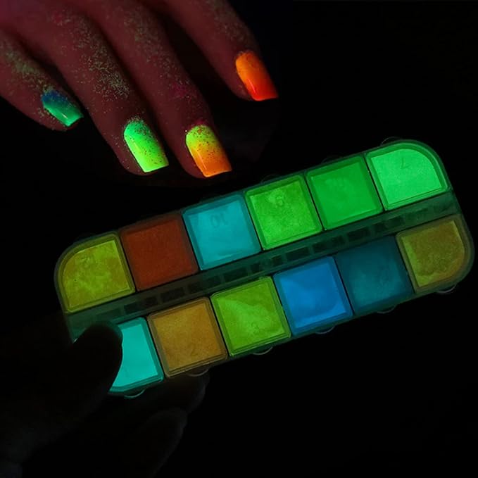 12 Colors Luminous Nail Powder Night Fluorescent Pigment Holographic Glitter Glow Liquid Nail Art Dust Design Sparkle Nails Supplies 3D Nail Art Decoration for Women Girls Manicure Tips Charms