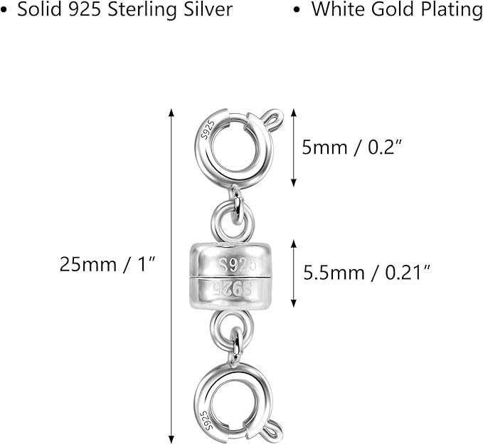 925 Sterling Silver Magnetic Necklace Clasps and Closures, White Gold Plated Spring Clasps Magnetic Connector Clasp for Bracelet Anklet Neckalce DIY Jewelry Making Supplies