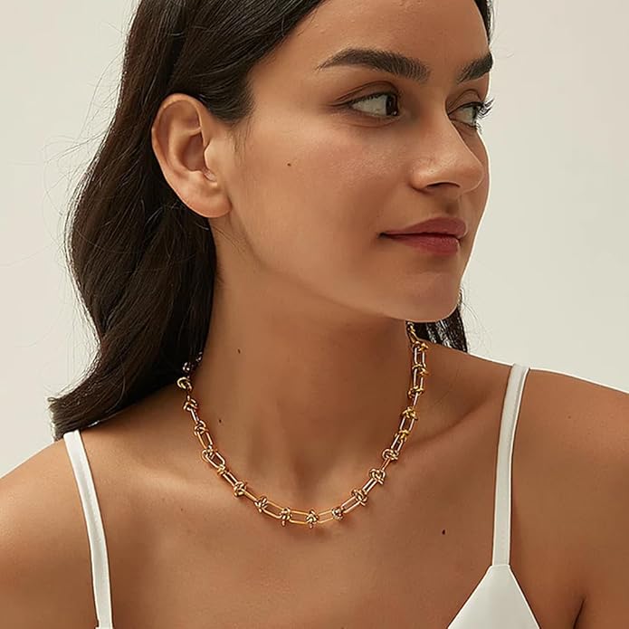 Aobei Pearl 18K Gold Plated Paperclip Chain Choker Satellite Chain Freshwater Cultured Biwa Pearl Pendant Necklace Dainty Jewelry for Women