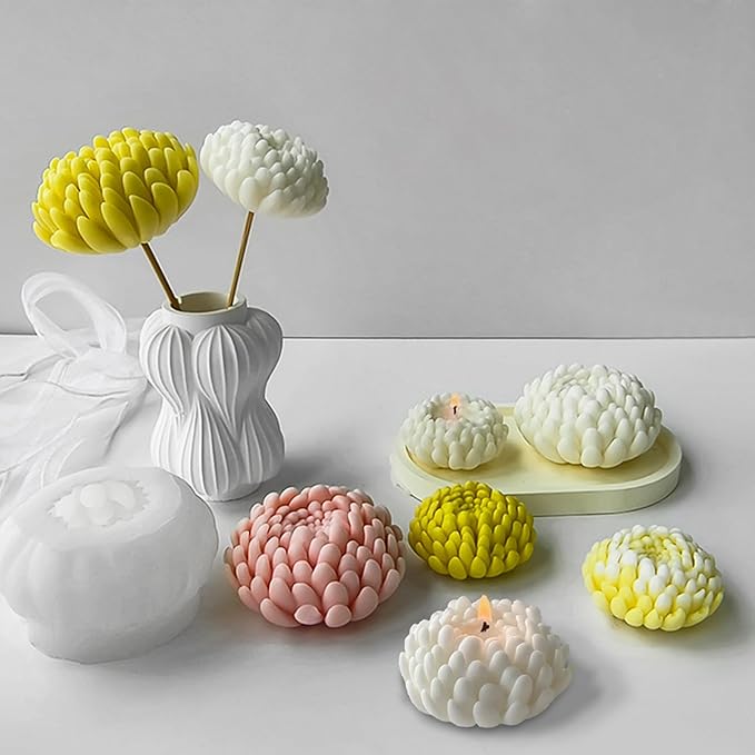 3 Pack Flower Candle Molds, Fall Candle Molds Set of Large + Medium + Small 3D Plant Chrysanthemum Silicone Mold for Candles Wax Soap Epoxy Resin Clay Plaster Christmas Home Décor Handmade Gift