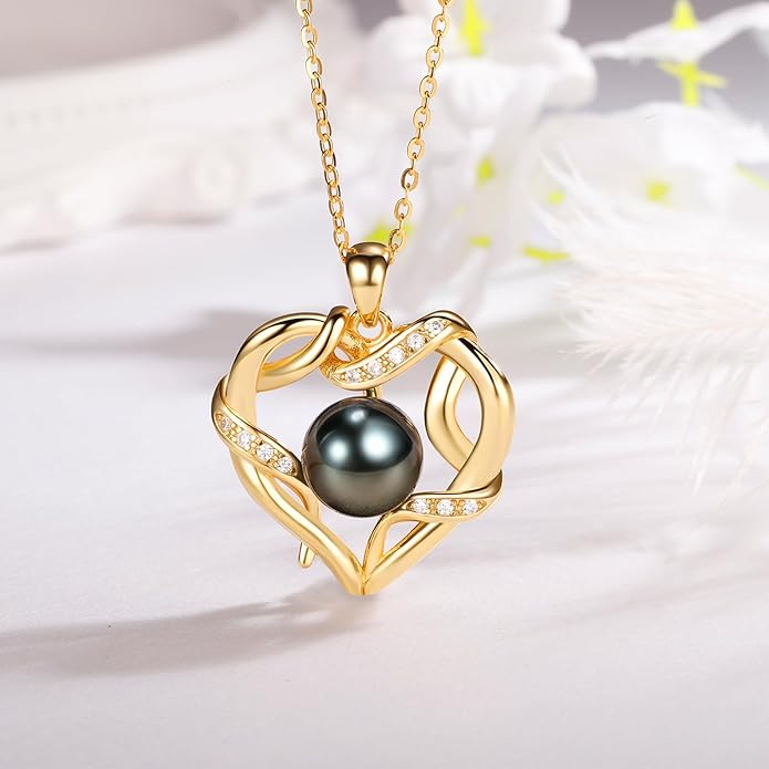 Christmas Gifts for Women- Tahitian Black Pearl- Heart Necklace- Wife Mom Girlfriend Her- Anniversary Birthday- Mothers Day Valentine's Jewelry Gifts Real 9-10mm Pearl Pendant
