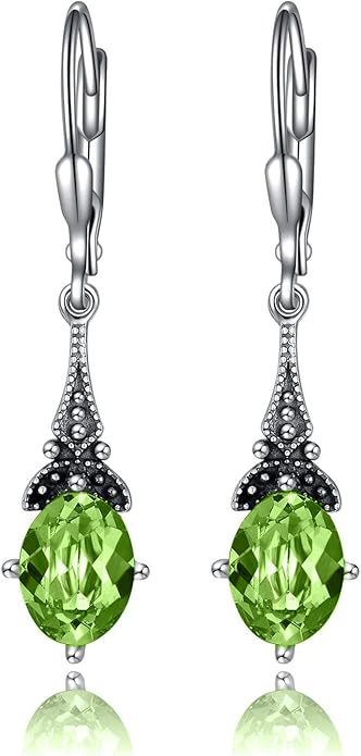 AOBOCO Vintage Earrings for Women Sterling Silver Retro Drop Dangle Leverback Earrings with 8x6mm Oval Genuine or Simulated Birthstone Crystal from Austria, Anniversary Jewelry Gifts for Her (Gift Box)