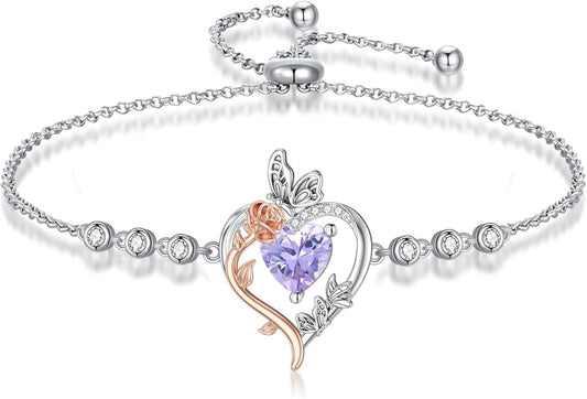 TOUPOP Rose Heart Birthstone Bracelet 925 Sterling Silver Butterfly Heart Bracelet Love Jewelry for Women Anniversary Valentines Day Birthday Gifts for Her Wife Mom