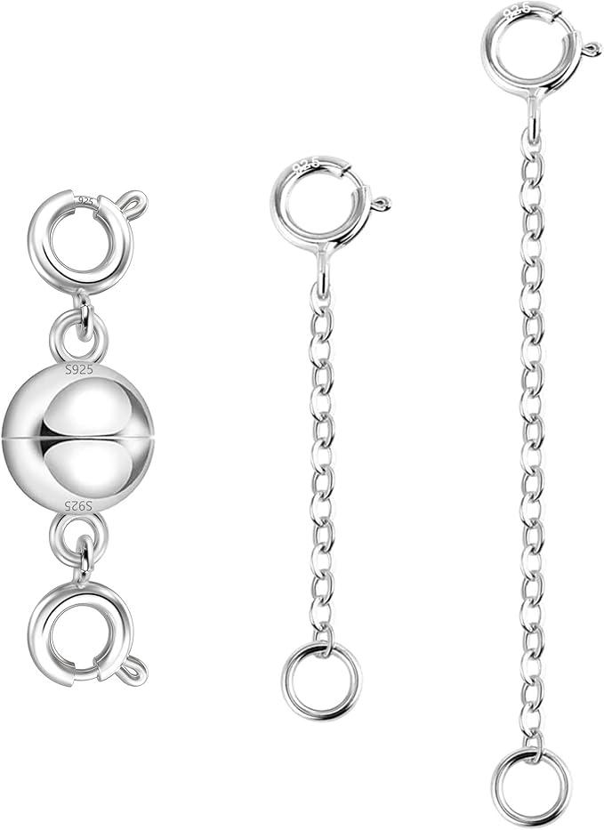 Silver Necklace Extender, 925 Sterling Silver Magnetic Necklace Clasps and Closures, Silver Double Magnetic Clasps Necklace Bracele Connector Extenders Extension Chains for Jewelry Making