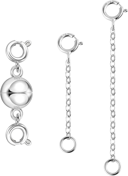 Silver Necklace Extender, 925 Sterling Silver Magnetic Necklace Clasps and Closures, Silver Double Magnetic Clasps Necklace Bracele Connector Extenders Extension Chains for Jewelry Making