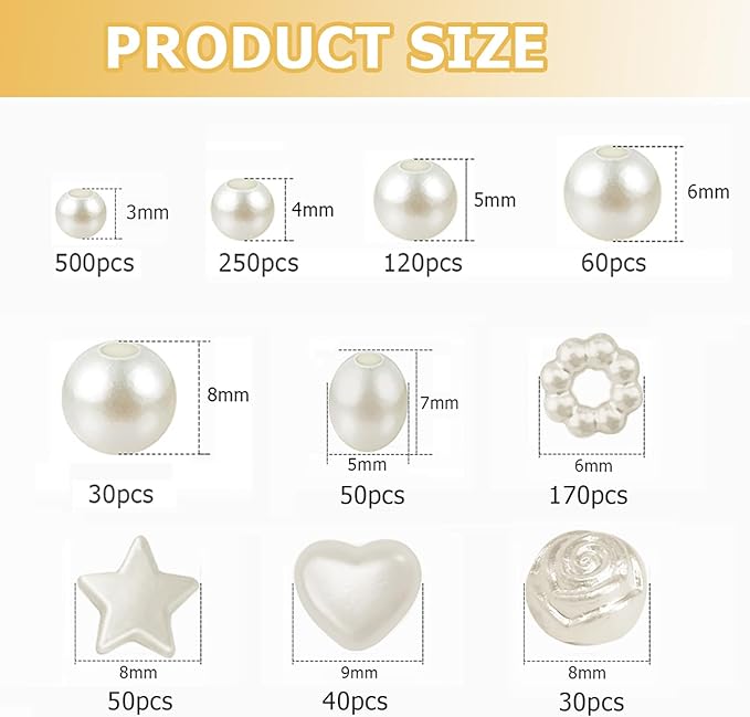 1300pcs Pearl Round Spacer Beads Set 3/4/5/6/8mm 5 Size and 5 Styles Pearl Spacer Beads for Bracelets Jewelry Making Necklace Earring Making Supply