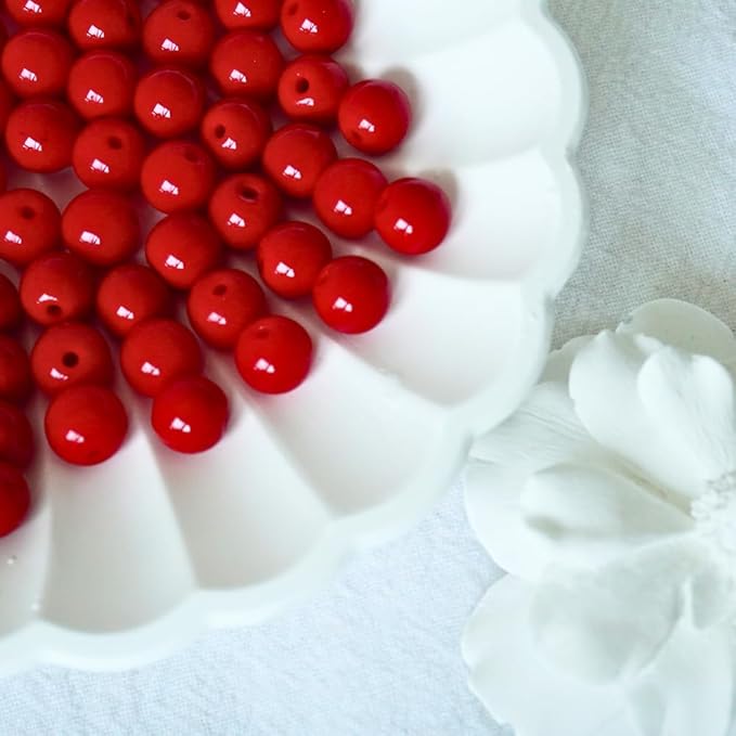 Jabrand 100pcs Red Beads, 8mm Porcelain Beads for Jewelry Making Round Ceramic Bead Unique Vintage Bead for Craft Beading Kit Bracelets DIY Decor