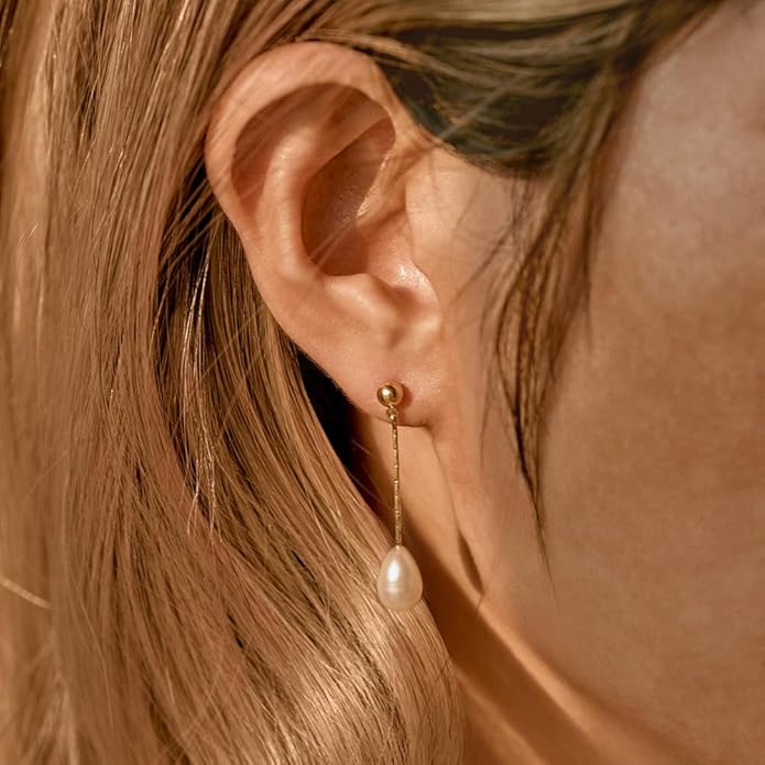 Pearl Earrings for Women - Dainty Gold Dangle Drop Earrings, 14k Gold Plated Cute Bow Design, Hypoallergenic Pearl Studs, Wedding Jewelry Gifts