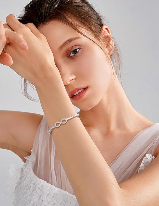 Moissanite Tennis Bracelets For Women, S925 Sterling Silver Infinity Bracelet, 3MM Width 18K Gold Plated White Gold Adjustable Bolo Bracelets- Birthday Valentines Day Gifts For Her Wife Mom