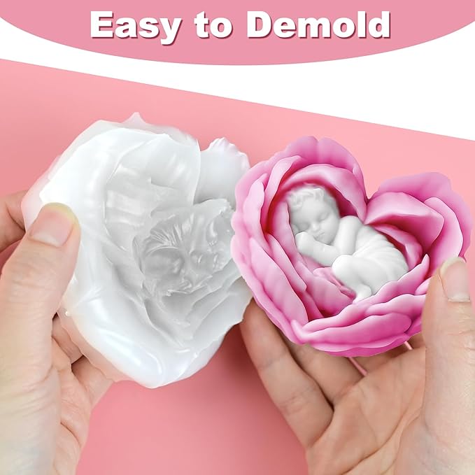 Heart Candle Molds, Angel Baby in Flower Silicone Molds for Candle Making, DIY Flower Soap Aromatherapy Wax Plaster Resin Casting for Home Decor Mother's Gift Baby Shower