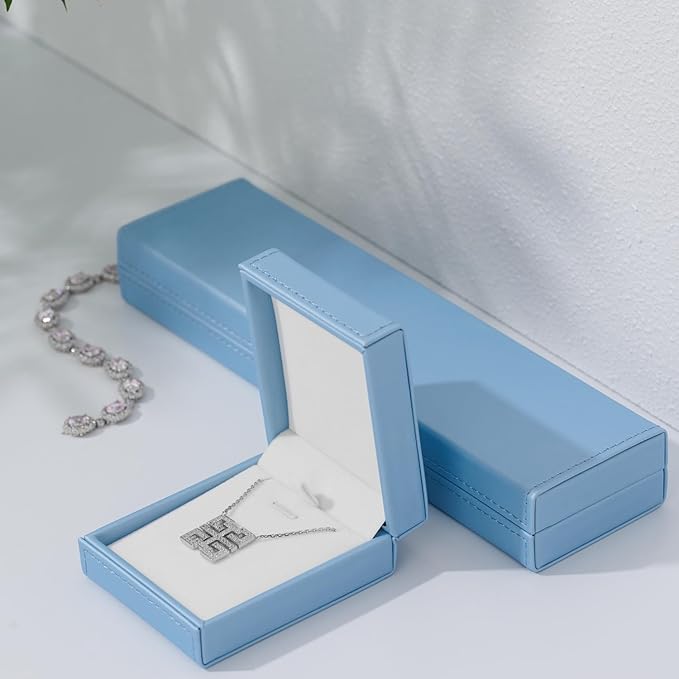 Leather Necklace Box Necklace Gift Box Velvet Interior Pendant Case Long Chain Display Storage Case for Anniversary Wedding Birthday Mother's Day Gifts (Blue)
