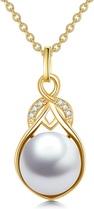 14K Gold Pearl Necklace for Women,9mm Freshwater Cultured White Pearl Pendant Necklaces Jewlery Gifts for Her Wife Mom Present for Anniversary Birthday Mothers Day 16+1+1