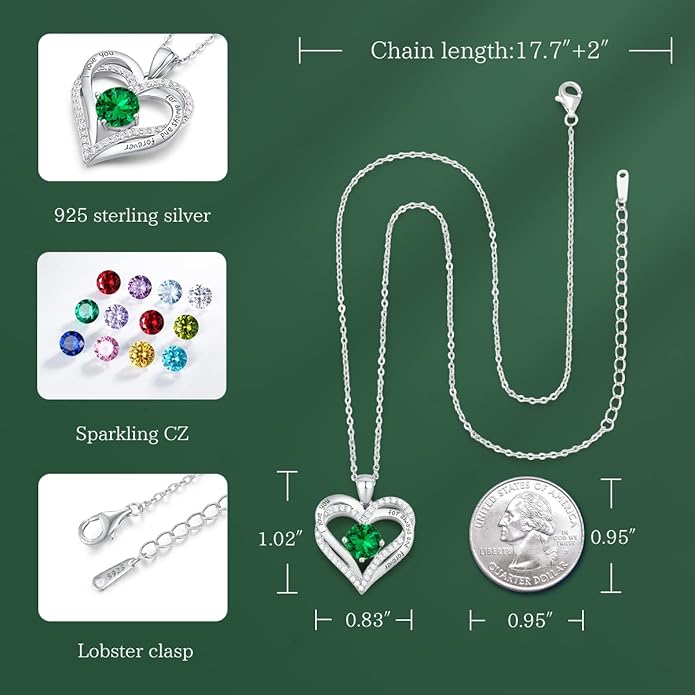 CDE Valentine's Day Gift Forever Love Heart Necklaces for Women, Wedding Anniversary, Birthday Mothers Christmas Day Gifts for Mom, Mother, Wife, S925 Silver Jewelry with Birthstone Pendant