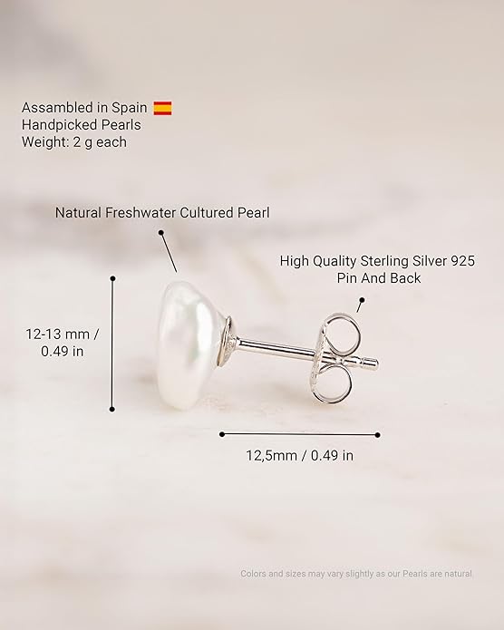Woman Pearl Earrings Freshwater Cultured Keshi Pearls in White and Gray by SECRET & YOU | Sterling Silver 925 | Available in 10 sizes from 7-8 mm to 15-16 mm