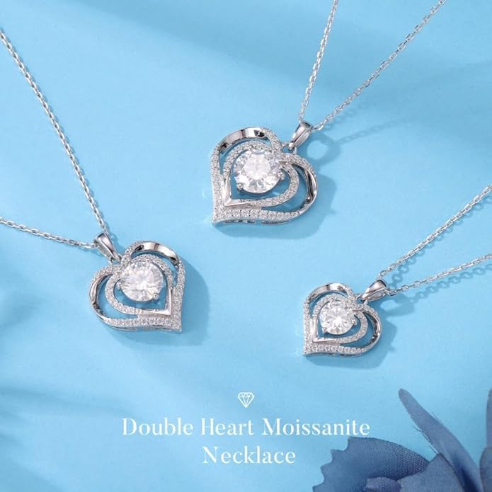 MOOSEA Valentines Day Gifts for Her - 925 Sterling Silver Double Heart Moissanite Necklace, 1-3 Carat Lab Created Moissanite Anniversary Birthday Gift for Women Wife Girlfriend Mom